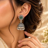 Mohnaa Panna Pushpa Silver Jhumka Earrings