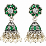 Mohnaa Haritika Silver Jhumka Earrings crafted in 925 sterling silver featuring green and white CZ floral detailing with traditional handcrafted jhumka design.