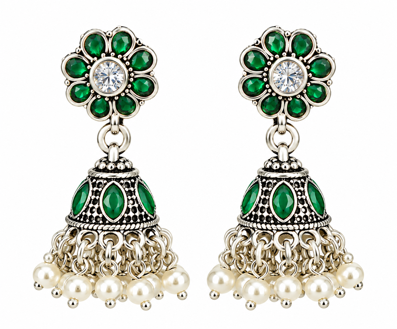 Mohnaa Haritika Silver Jhumka Earrings crafted in 925 sterling silver featuring green and white CZ floral detailing with traditional handcrafted jhumka design.