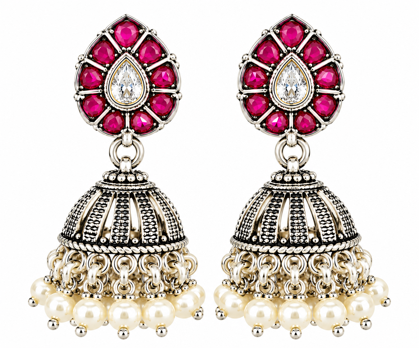 Mohnaa Mrinalini Silver Jhumka Earrings crafted in 925 sterling silver featuring ruby pink and white cubic zirconia accents with elegant pearl-style drop detailing.