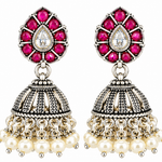 Mohnaa Mrinalini Silver Jhumka Earrings crafted in 925 sterling silver featuring ruby pink and white cubic zirconia accents with elegant pearl-style drop detailing.