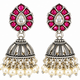 Mohnaa Mrinalini Silver Jhumka Earrings crafted in 925 sterling silver featuring ruby pink and white cubic zirconia accents with elegant pearl-style drop detailing.