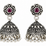 Mohnaa Pushpika Silver Jhumka Earrings crafted in 925 sterling silver featuring floral stud detailing, ruby pink cubic zirconia accents and traditional handcrafted jhumka design.