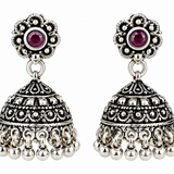 Mohnaa Pushpika Silver Jhumka Earrings crafted in 925 sterling silver featuring floral stud detailing, ruby pink cubic zirconia accents and traditional handcrafted jhumka design.