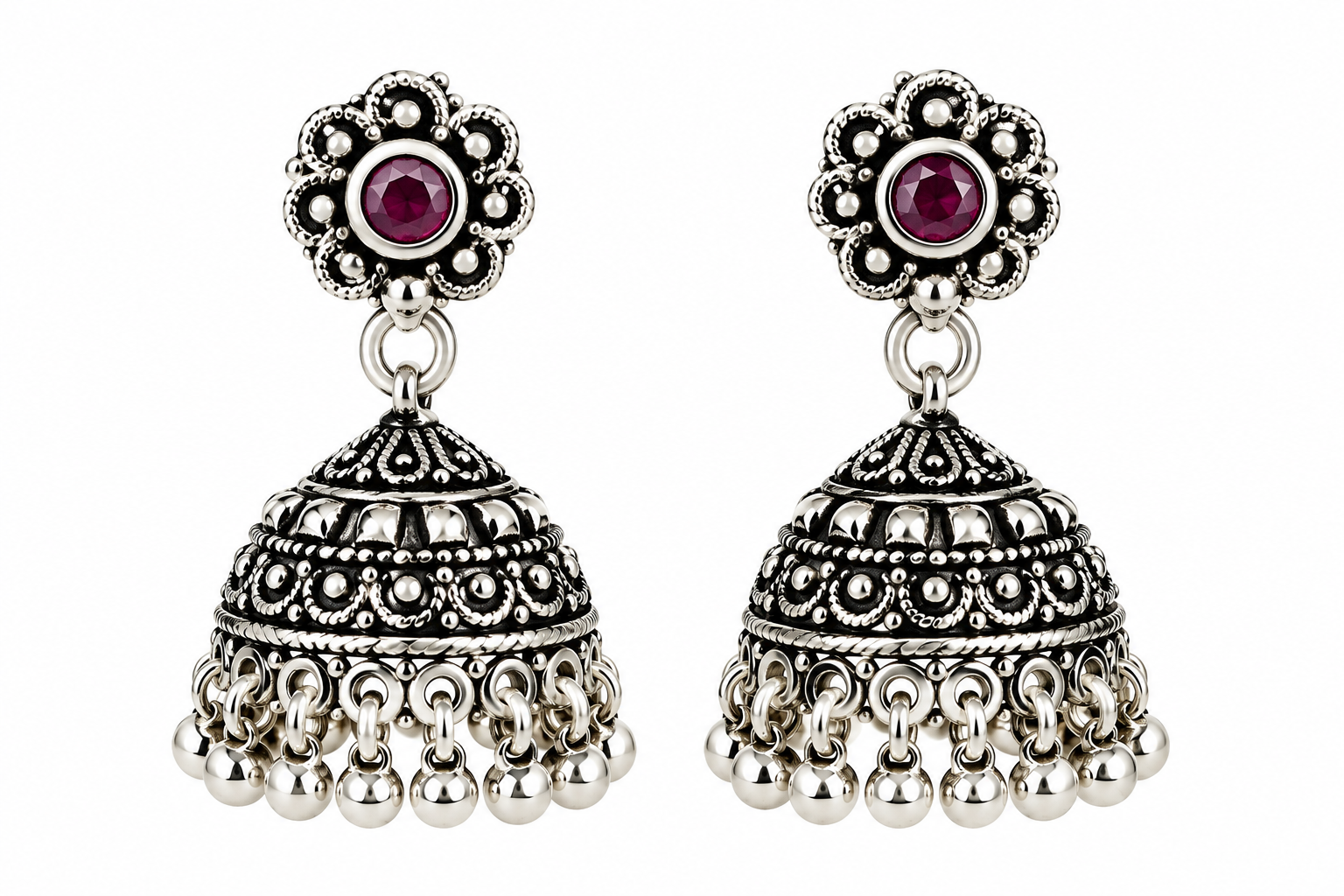 Mohnaa Pushpika Silver Jhumka Earrings crafted in 925 sterling silver featuring floral stud detailing, ruby pink cubic zirconia accents and traditional handcrafted jhumka design.