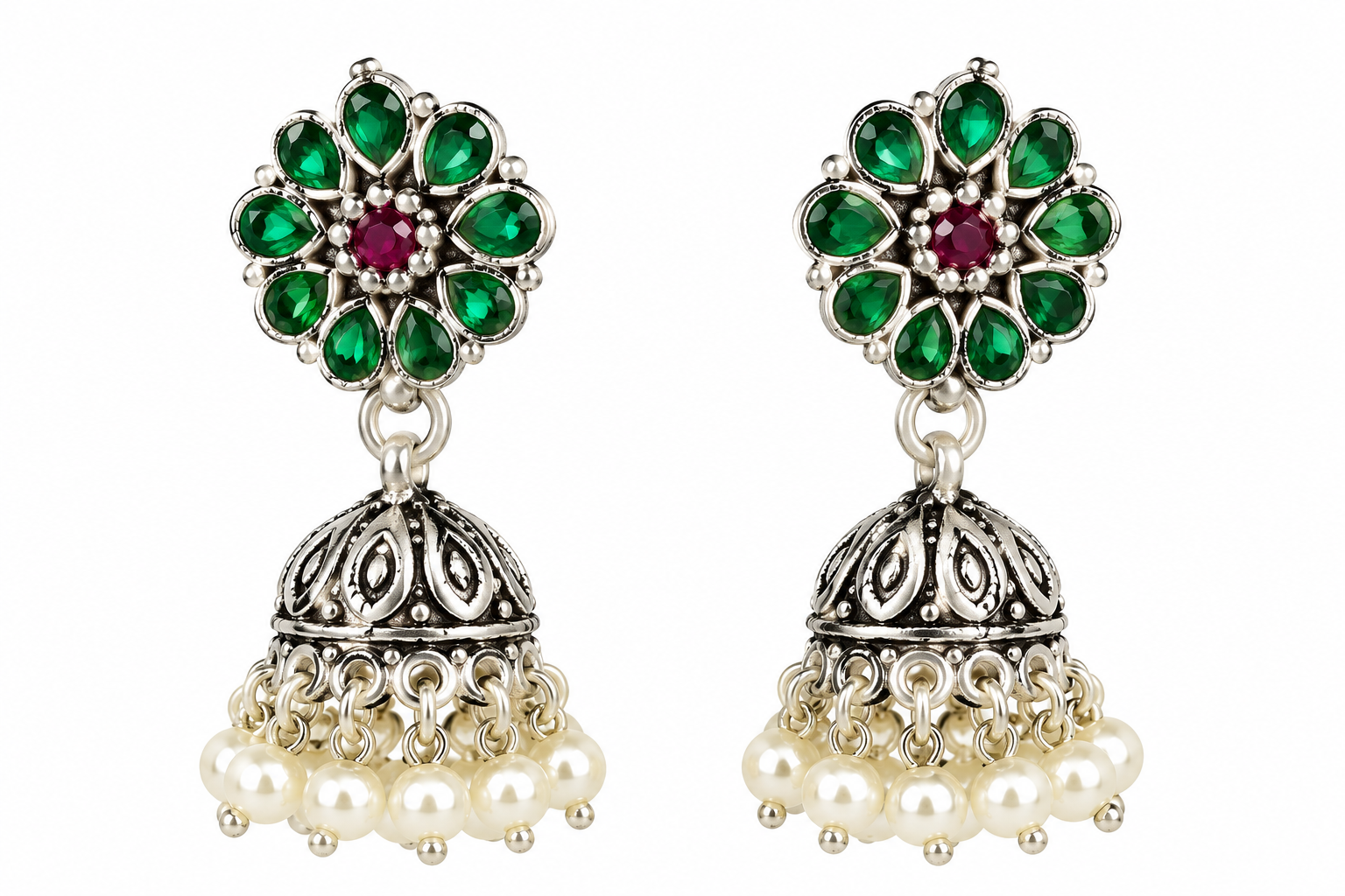 Mohnaa Harini Silver Jhumka Earrings crafted in 925 sterling silver featuring green and ruby pink cubic zirconia accents, floral stud design and traditional jhumka styling.