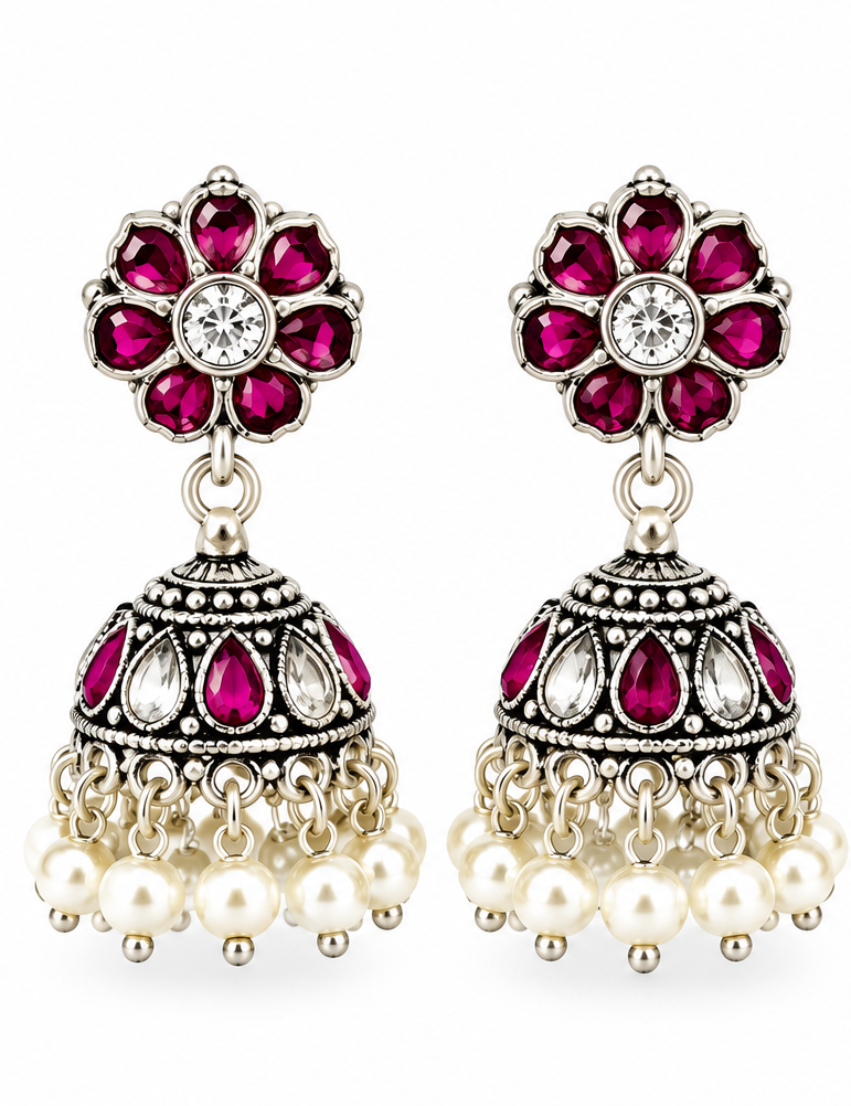 Mohnaa Pushparagini 925 sterling silver jhumka earrings with ruby pink and white cubic zirconia accents, handcrafted traditional ethnic jewelry for Navratri and festive wear.