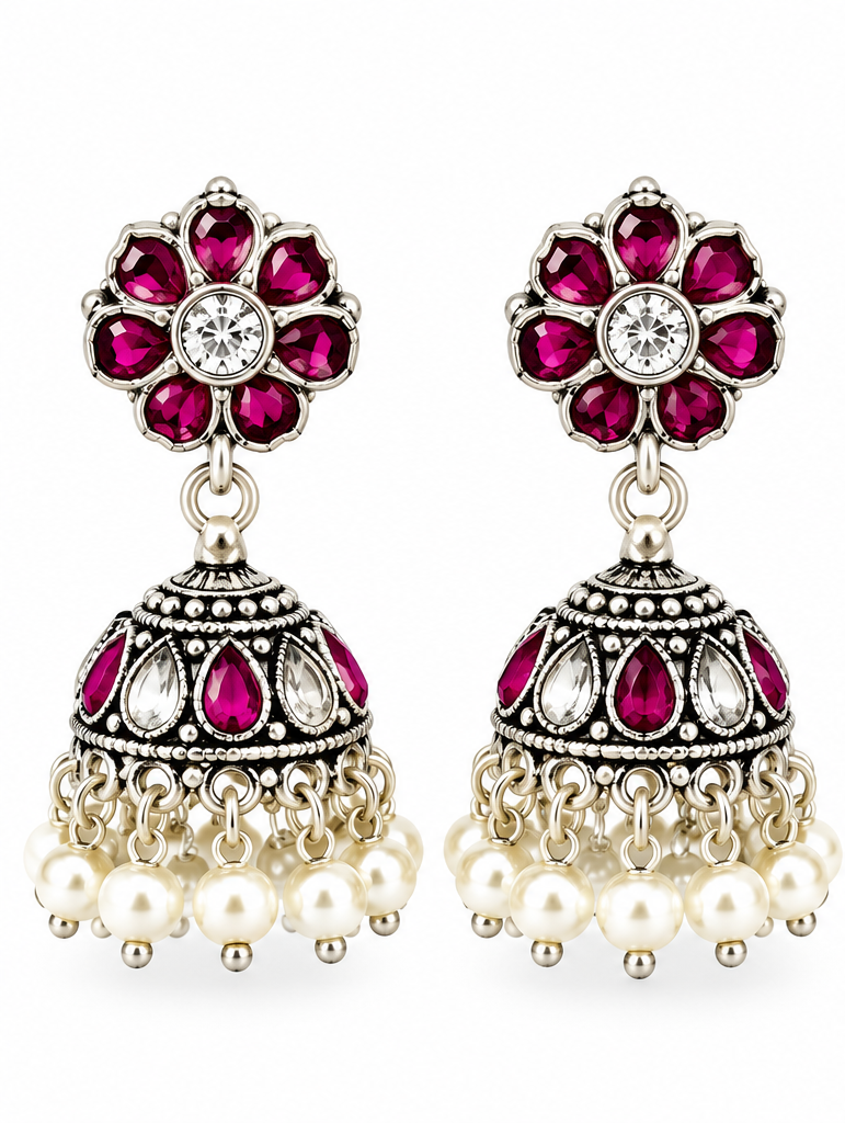 Mohnaa Pushparagini 925 sterling silver jhumka earrings with ruby pink and white cubic zirconia accents, handcrafted traditional ethnic jewelry for Navratri and festive wear.