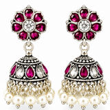 Mohnaa Pushparagini 925 sterling silver jhumka earrings with ruby pink and white cubic zirconia accents, handcrafted traditional ethnic jewelry for Navratri and festive wear.