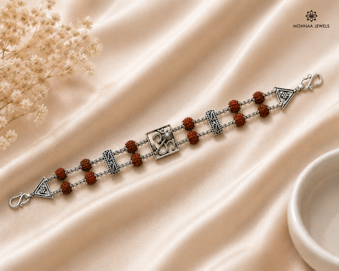 Omkar Heritage Bracelet for men in 925 sterling silver featuring Rudraksha beads and Om symbol, handcrafted heritage jewelry from Mohnaa Jewels Virasat Collection.