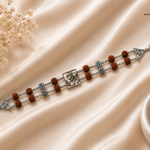 Omkar Heritage Bracelet for men in 925 sterling silver featuring Rudraksha beads and Om symbol, handcrafted heritage jewelry from Mohnaa Jewels Virasat Collection.