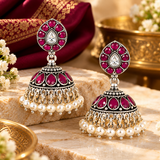 Mohnaa Ruby Blossom Silver Jhumka Earrings