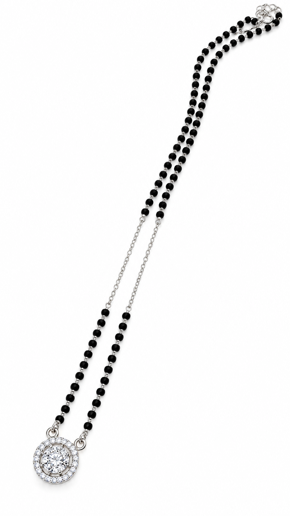 Mohnaa Rivaaya 925 sterling silver mangalsutra featuring a double-chain design with black beads and a sparkling circular halo pendant on a white background.