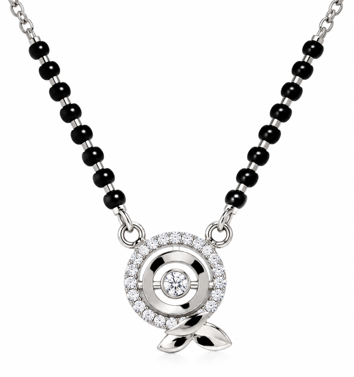 Mohnaa Inaya 925 sterling silver mangalsutra featuring a circular halo pendant with sparkling clear stones, a centre stone, and a polished three-petal accent on a white background.