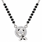 Mohnaa Inaya 925 sterling silver mangalsutra featuring a circular halo pendant with sparkling clear stones, a centre stone, and a polished three-petal accent on a white background.