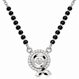 Mohnaa Inaya 925 sterling silver mangalsutra featuring a circular halo pendant with sparkling clear stones, a centre stone, and a polished three-petal accent on a white background.