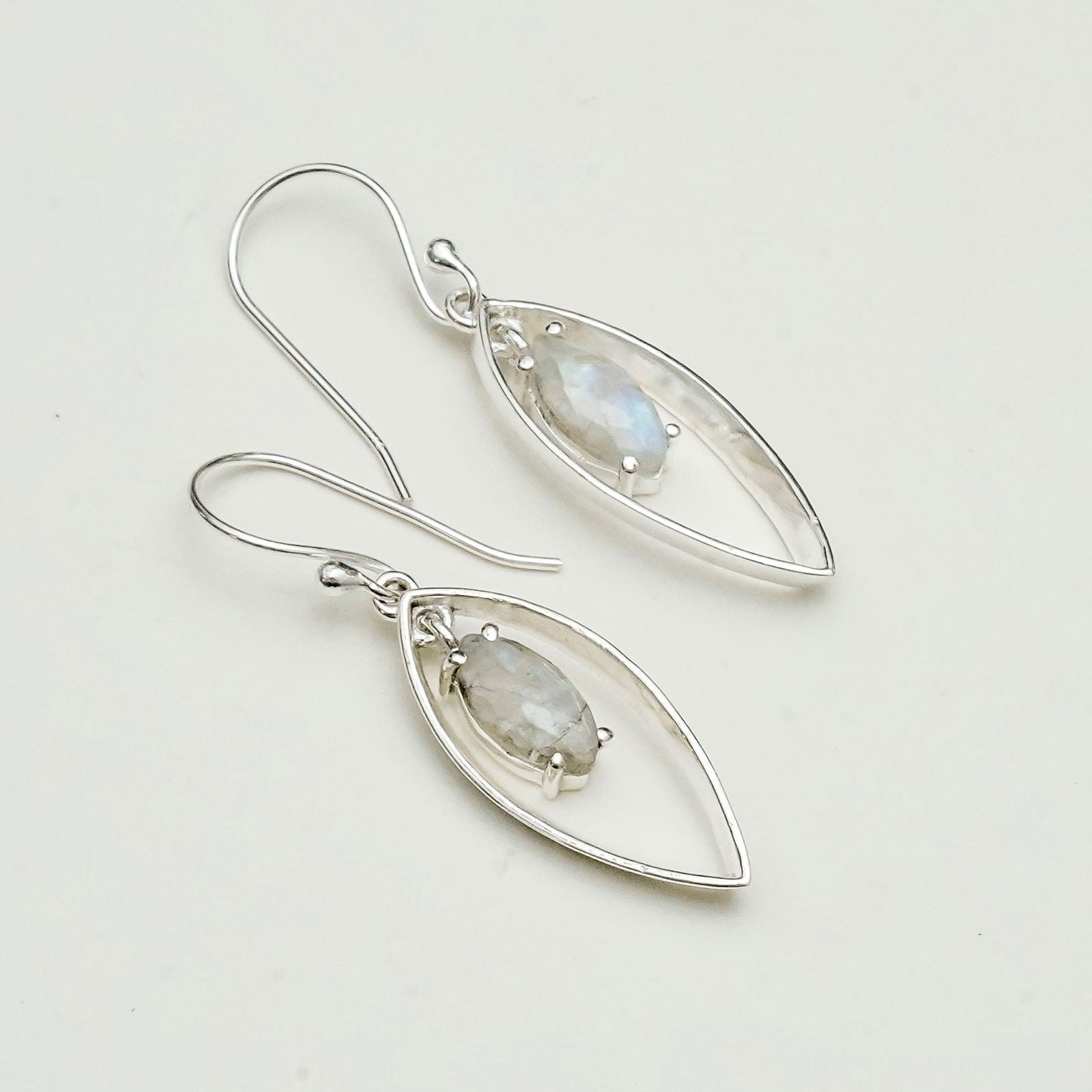 Double Leaf Earrings With Rainbow Moonstone Best Design in 925 Sterling Silver