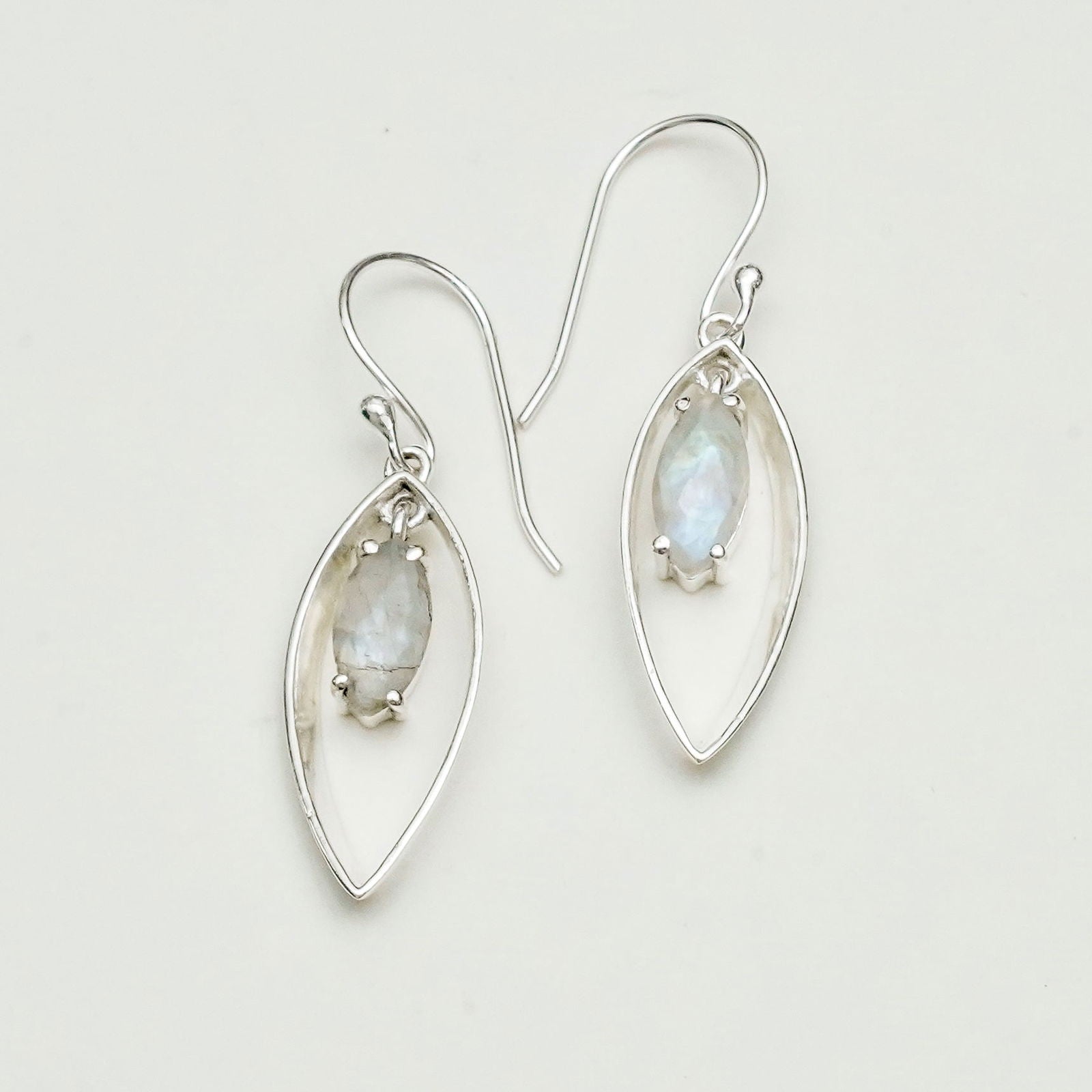 Double Leaf Earrings With Rainbow Moonstone Best Design in 925 Sterling Silver