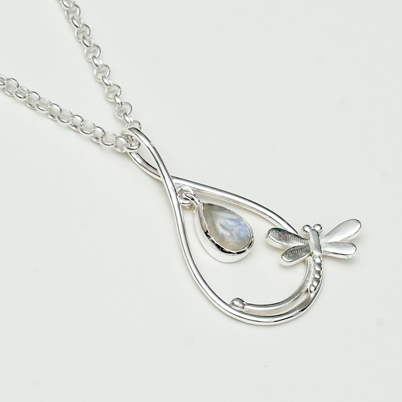 Dragonfly Pendent With Rainbow Moonstone In 925 Sterling Silver
