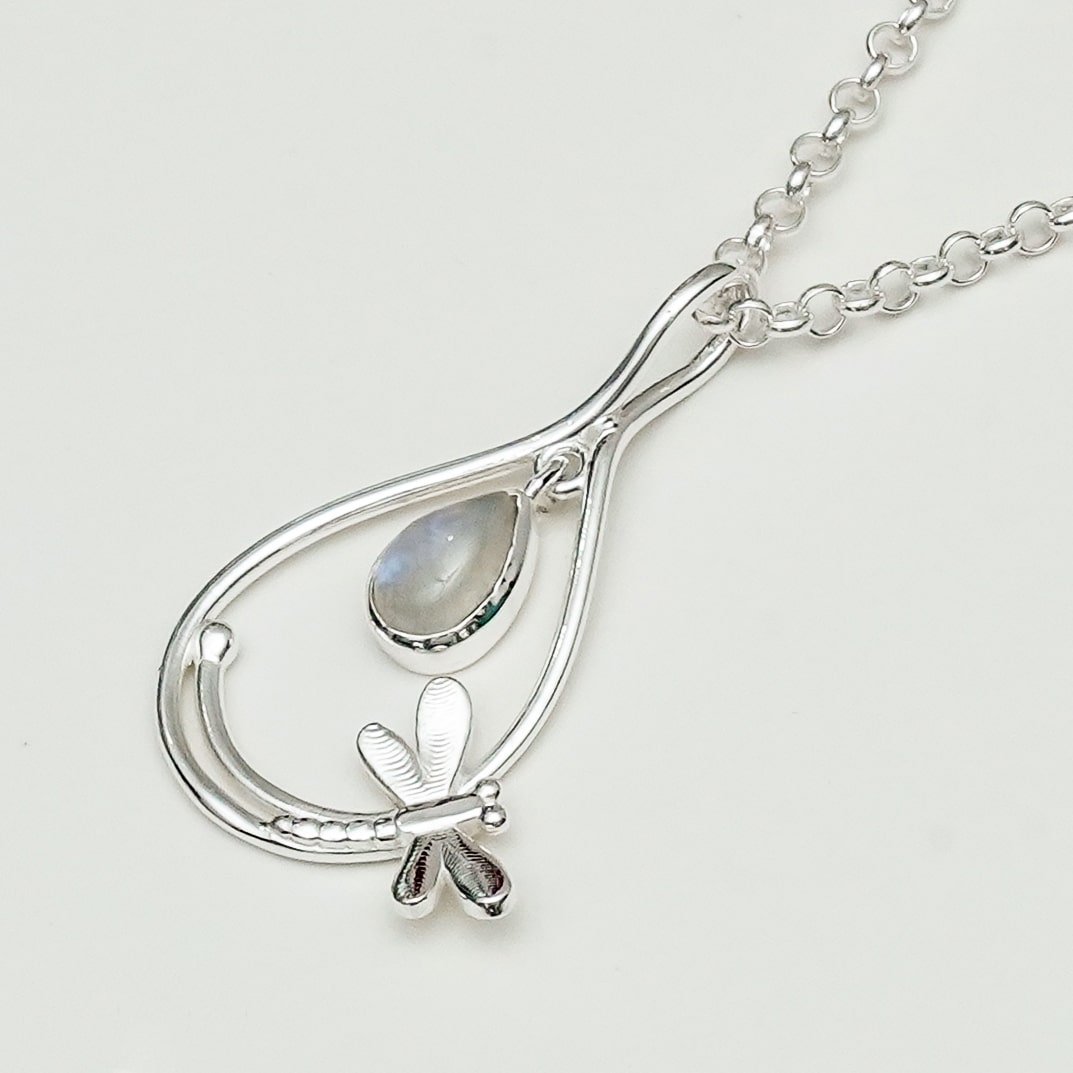 Dragonfly Pendent With Rainbow Moonstone In 925 Sterling Silver