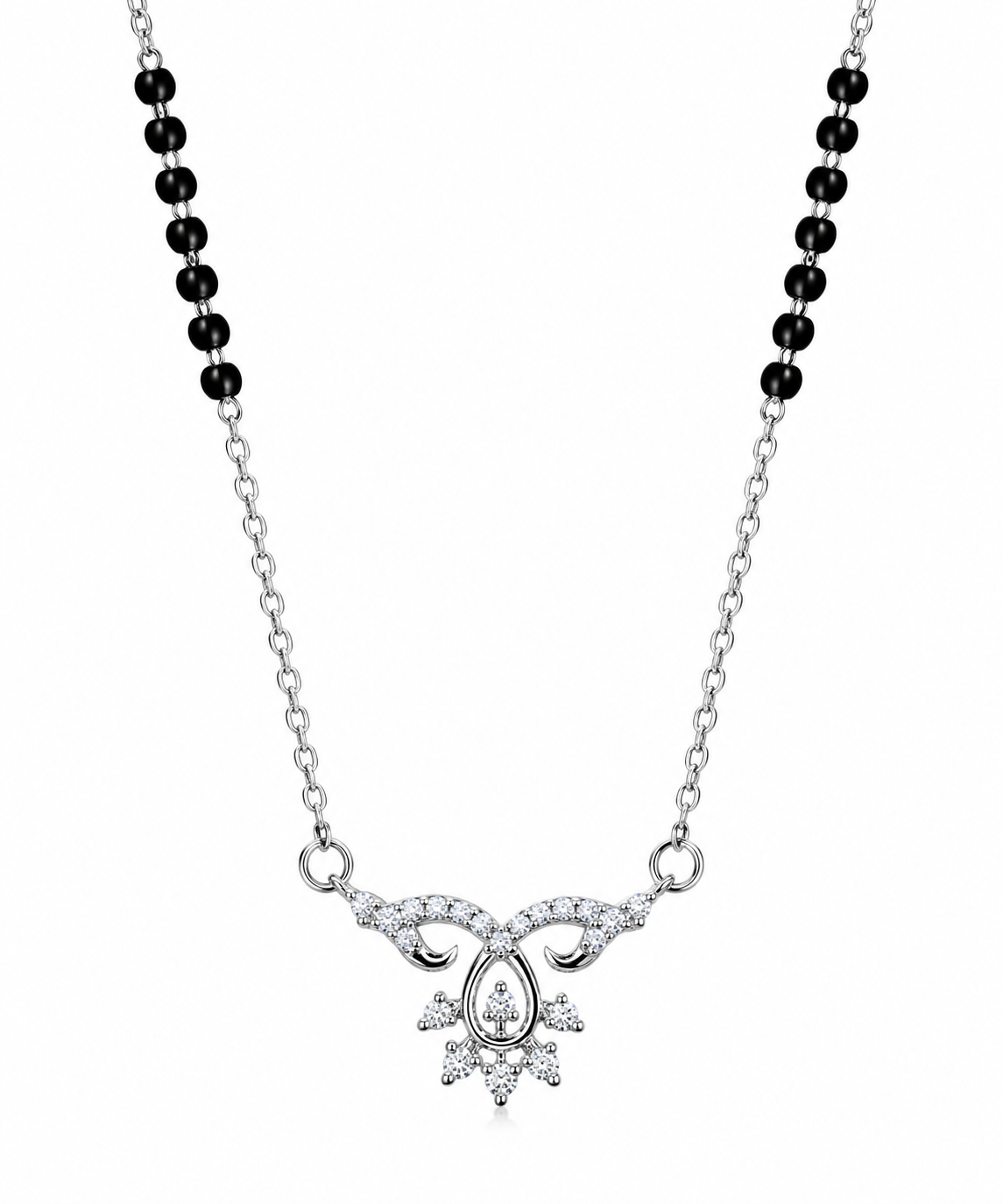 Elegant Mohnaa Anvika 925 sterling silver mangalsutra featuring a sparkling stone-studded pendant and delicate chain, photographed on a white background.