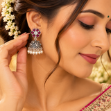 Mohnaa Vasundhara Ruby Pearl Silver Jhumka Earrings