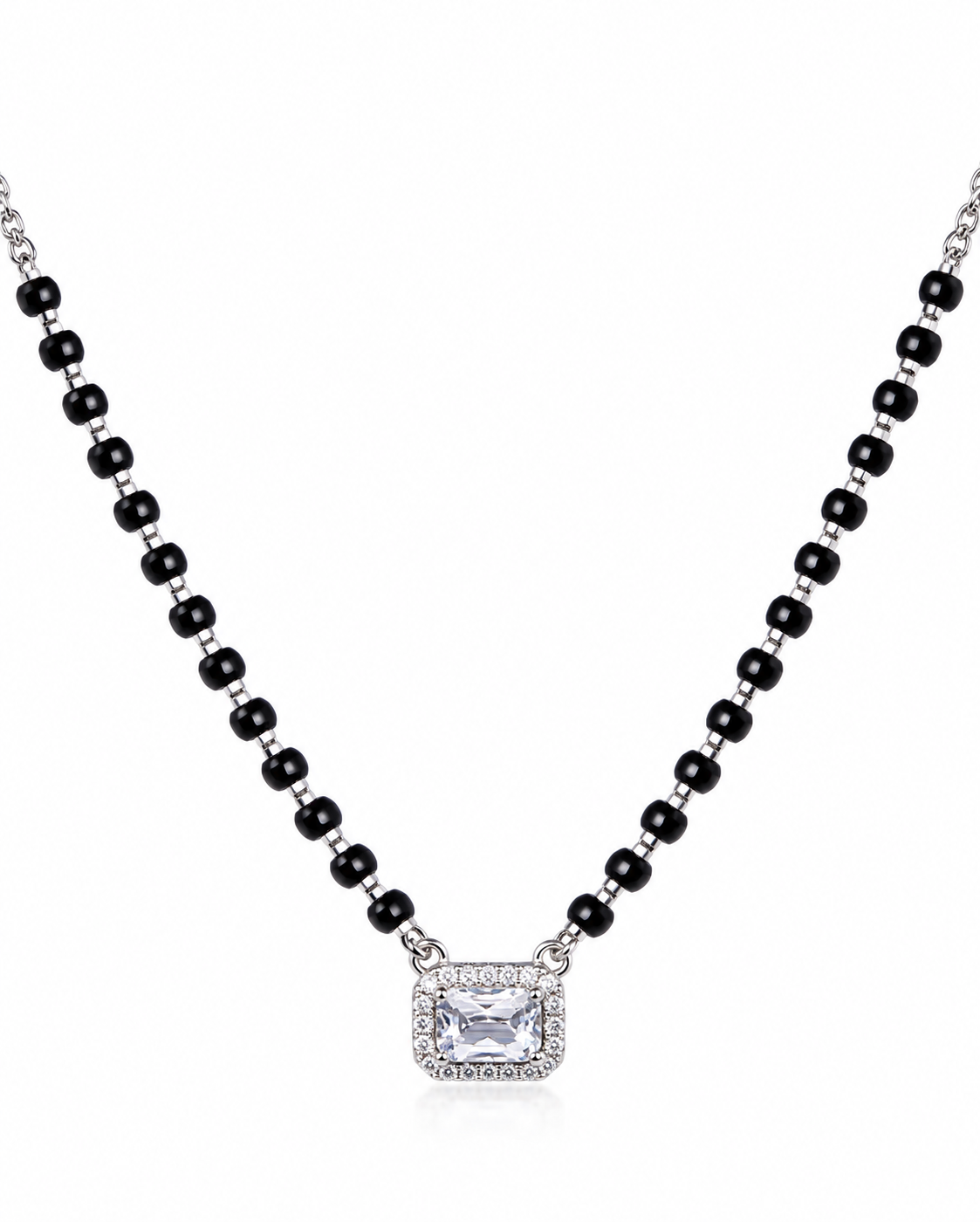 Mohnaa Samaira 925 sterling silver mangalsutra featuring a rectangular cushion-style centre stone with a sparkling halo pendant and black-bead chain on a white background.