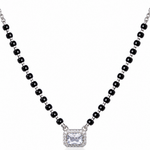 Mohnaa Samaira 925 sterling silver mangalsutra featuring a rectangular cushion-style centre stone with a sparkling halo pendant and black-bead chain on a white background.