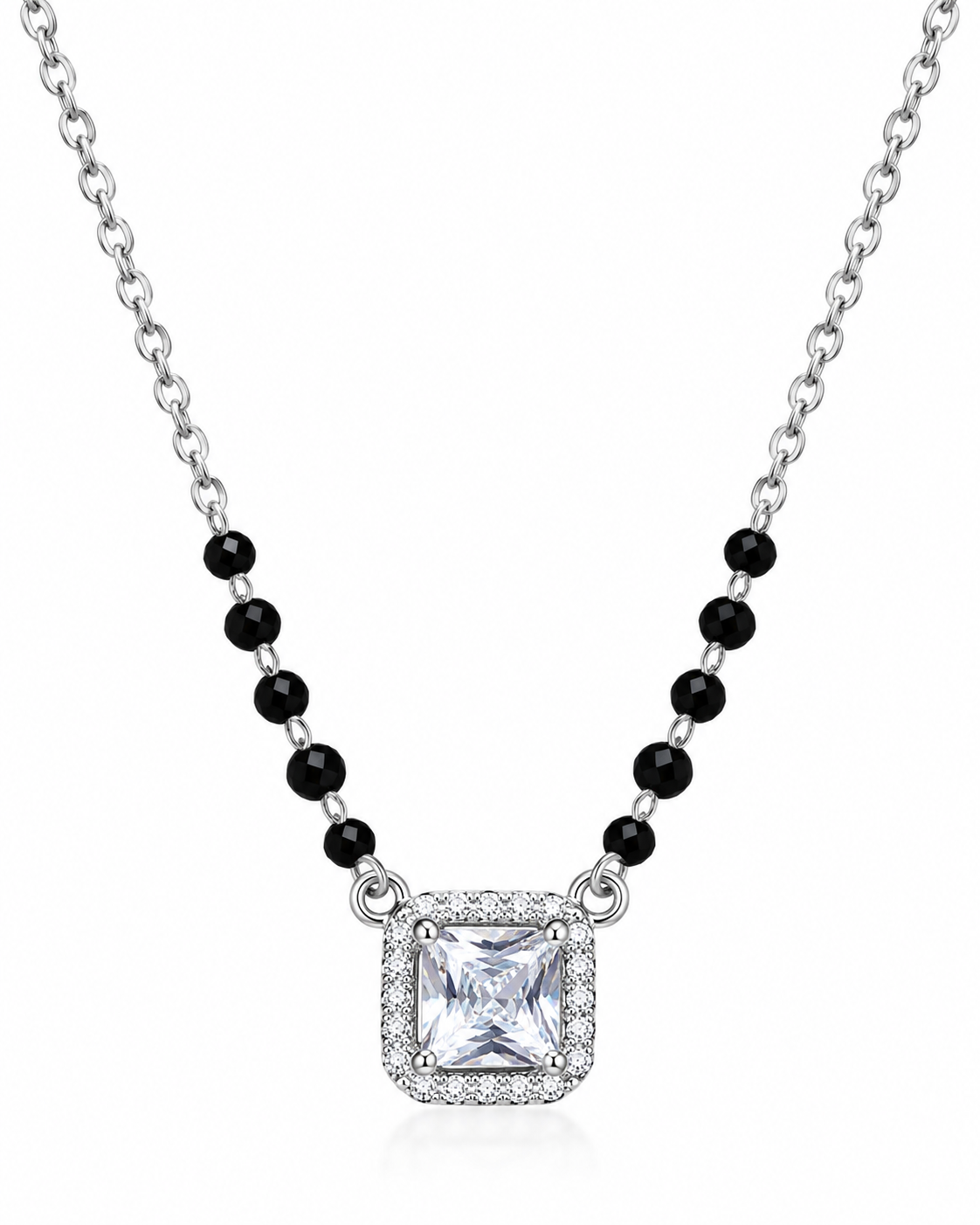 Mohnaa Tavishi 925 sterling silver mangalsutra featuring a square-cut centre stone, sparkling halo pendant, and faceted black beads on a white background.