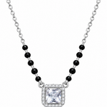 Mohnaa Tavishi 925 sterling silver mangalsutra featuring a square-cut centre stone, sparkling halo pendant, and faceted black beads on a white background.