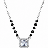 Mohnaa Tavishi 925 sterling silver mangalsutra featuring a square-cut centre stone, sparkling halo pendant, and faceted black beads on a white background.