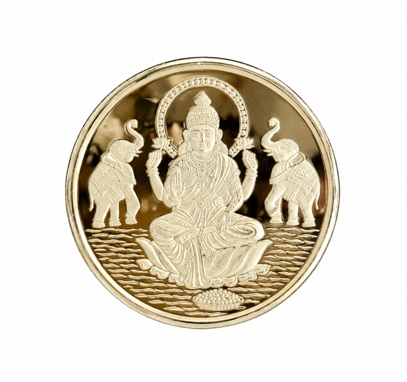 Round silver Lakshmi lotus coin featuring Goddess Lakshmi seated on a lotus with twin elephants and intricate embossed detailing