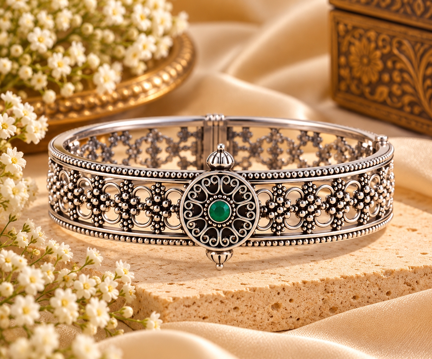 Mehera Filigree Kada in 925 sterling silver with intricate floral filigree design and green center stone