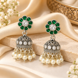 Mohnaa Harini Emerald Pearl Silver Jhumka Earrings