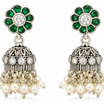 Mohnaa Harini Emerald Pearl 925 Sterling Silver Jhumka Earrings with green CZ stones and pearl drops