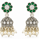 Mohnaa Harini Emerald Pearl 925 Sterling Silver Jhumka Earrings with green CZ stones and pearl drops