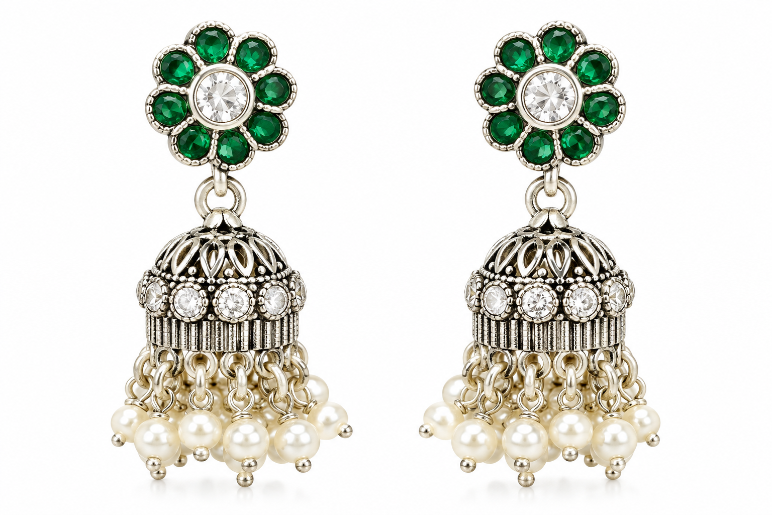 Mohnaa Harini Emerald Pearl 925 Sterling Silver Jhumka Earrings with green CZ stones and pearl drops