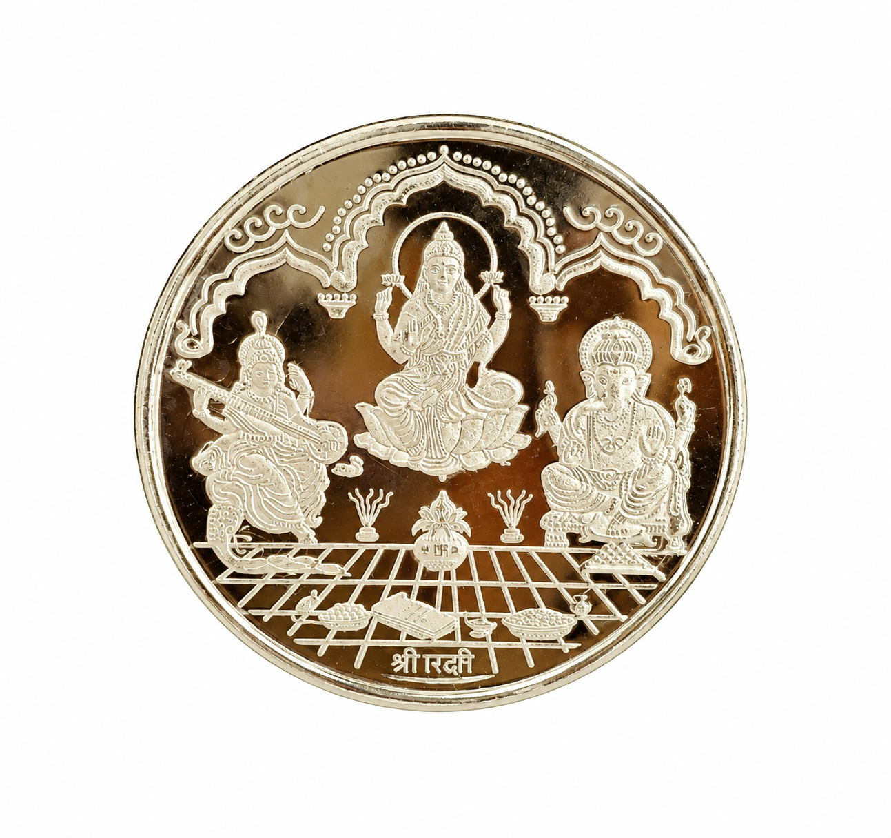Round silver coin featuring embossed Goddess Lakshmi, Goddess Saraswati with veena, and Lord Ganesha with traditional ornamental detailing by Mohnaa Jewels