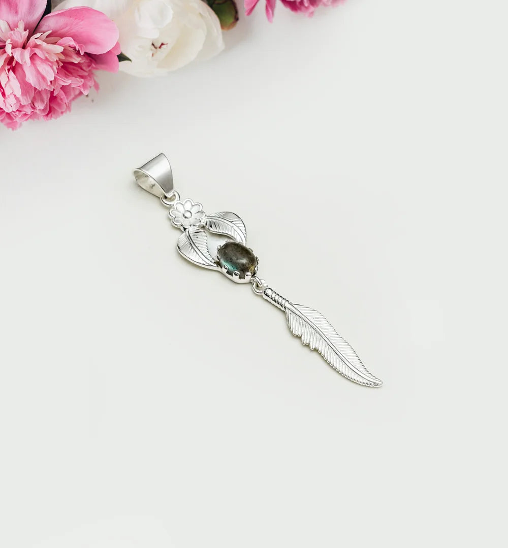 Feather Pendant With Labradorite Gemstone Handmade  In Solid Sterling Silver