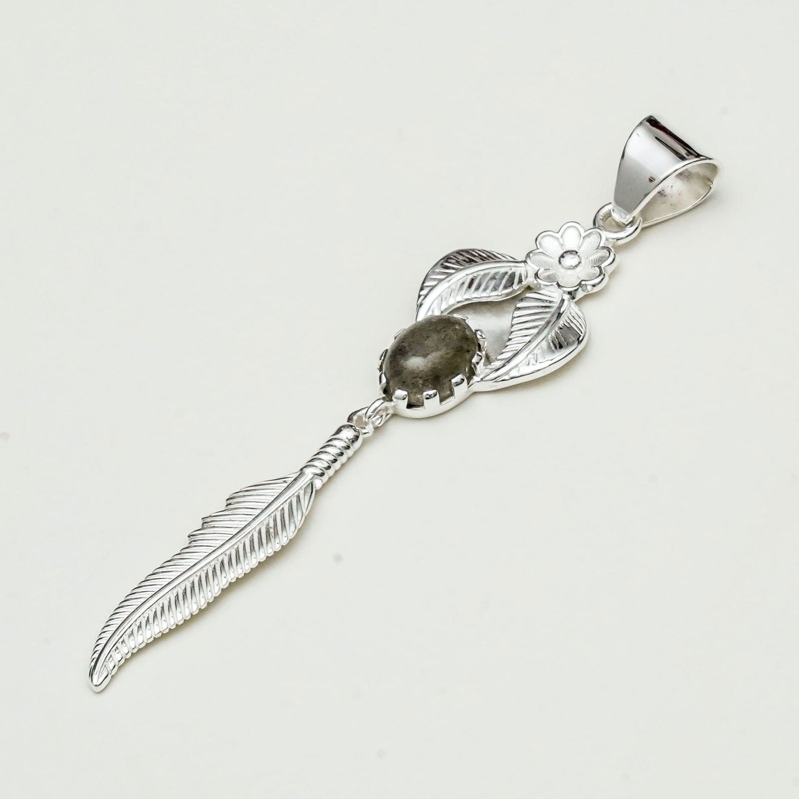 Feather Pendant With Labradorite Gemstone Handmade  In Solid Sterling Silver