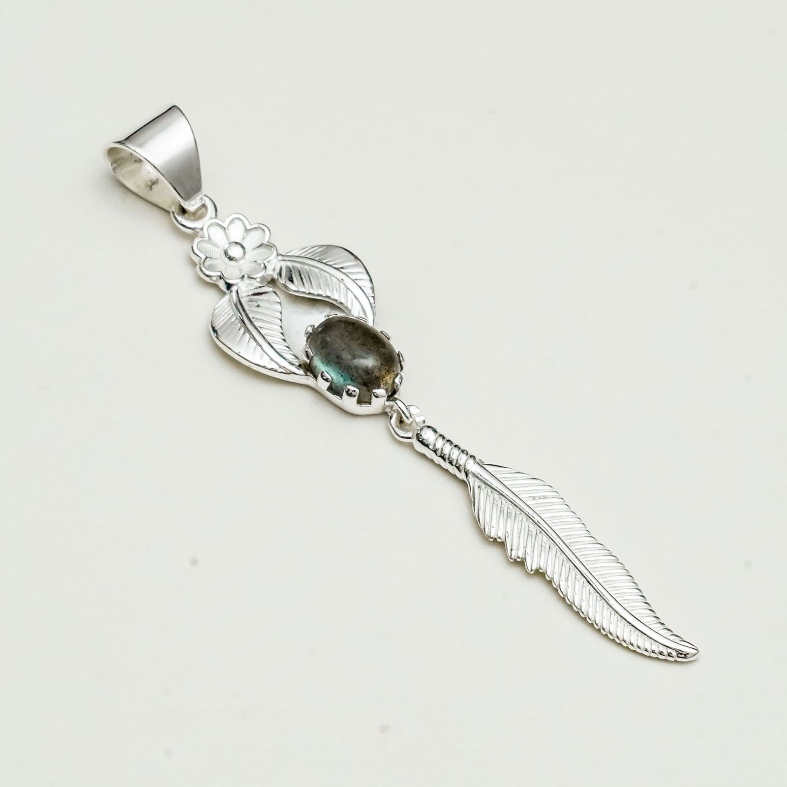 Feather Pendant With Labradorite Gemstone Handmade  In Solid Sterling Silver