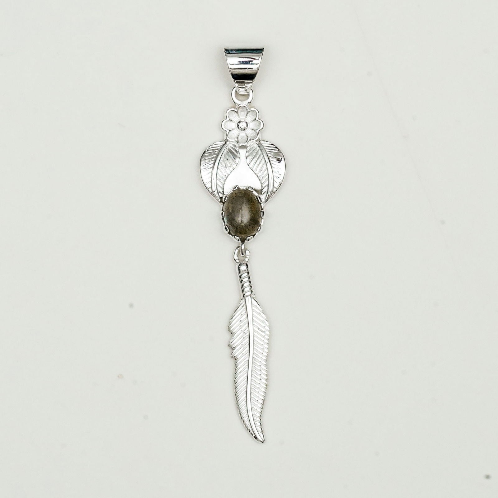 Feather Pendant With Labradorite Gemstone Handmade  In Solid Sterling Silver