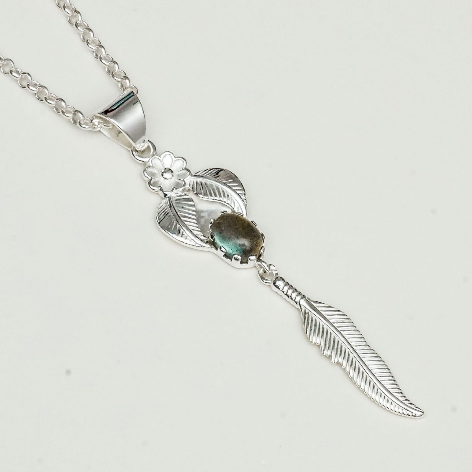 Feather Pendant With Labradorite Gemstone Handmade  In Solid Sterling Silver
