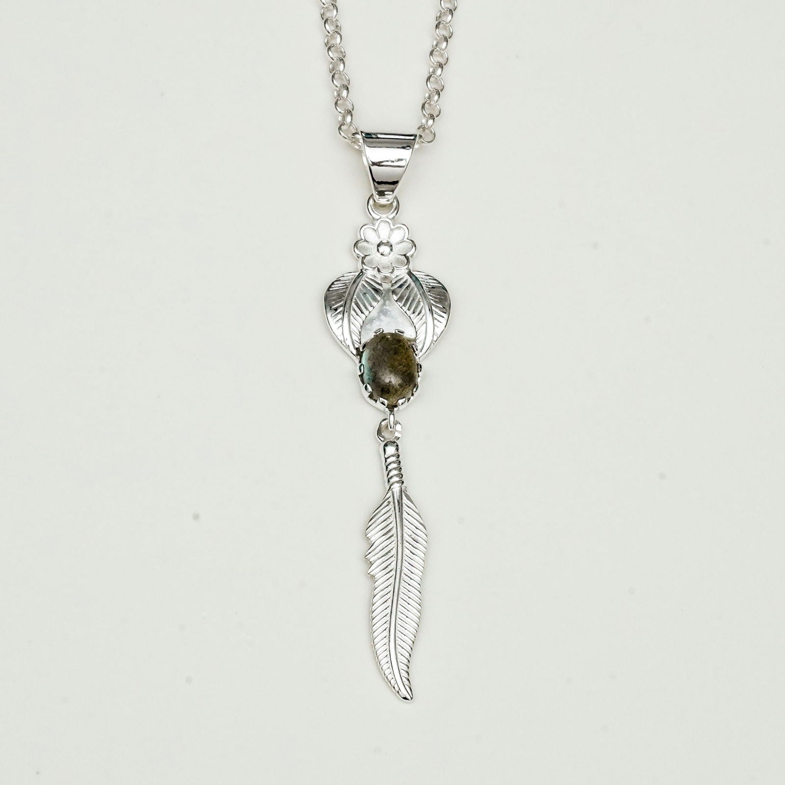 Feather Pendant With Labradorite Gemstone Handmade  In Solid Sterling Silver
