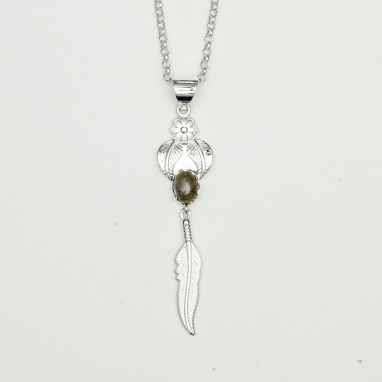 Feather Pendant With Labradorite Gemstone Handmade  In Solid Sterling Silver