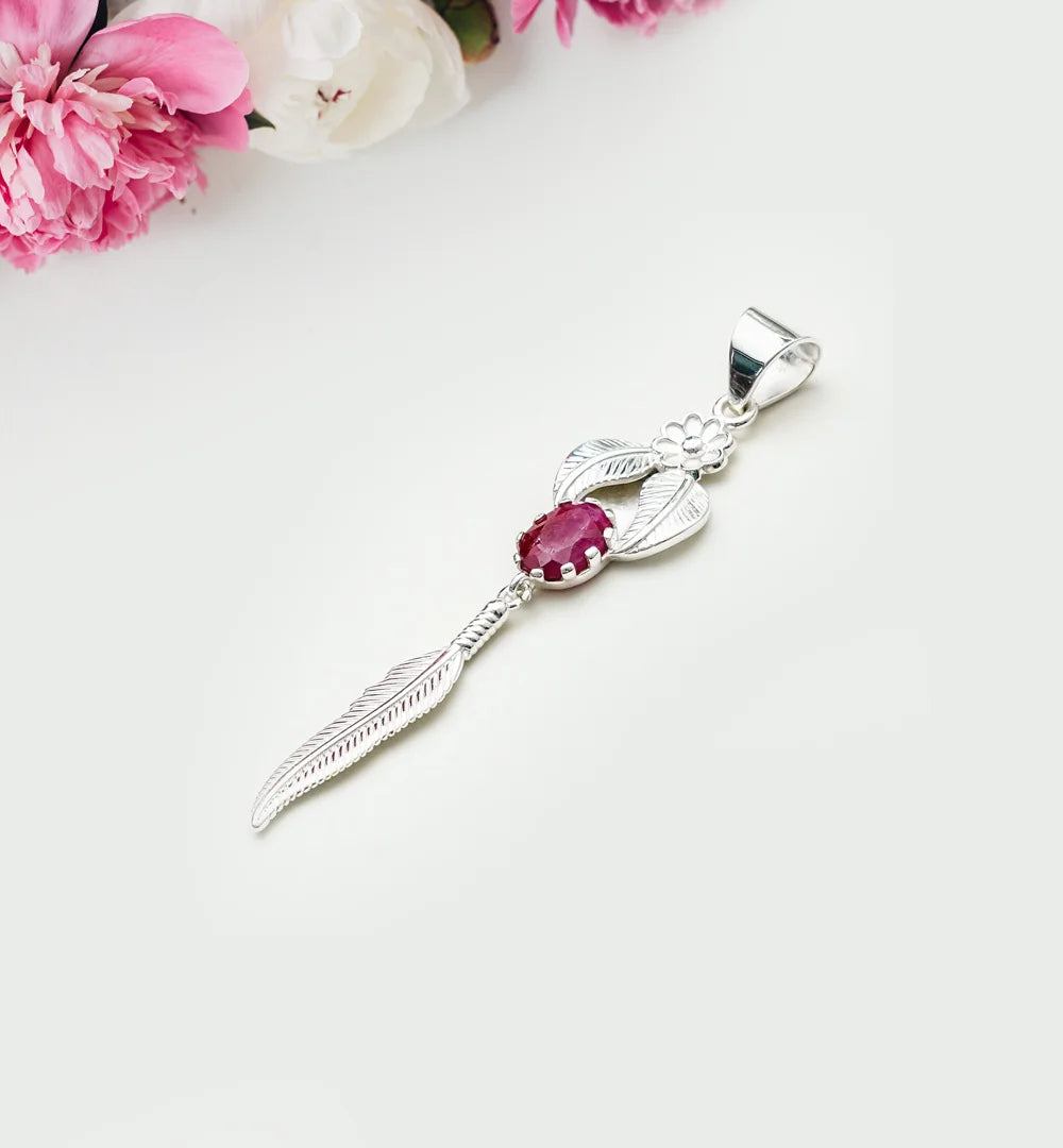 Feather Pendant With Red Gemstone Handmade  In Solid Sterling Silver