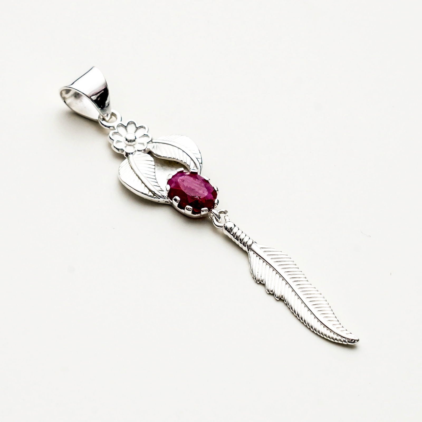 Feather Pendant With Red Gemstone Handmade  In Solid Sterling Silver
