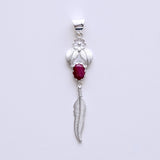 Feather Pendant With Red Gemstone Handmade  In Solid Sterling Silver
