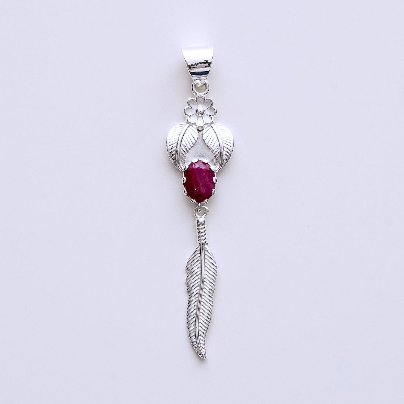 Feather Pendant With Red Gemstone Handmade  In Solid Sterling Silver