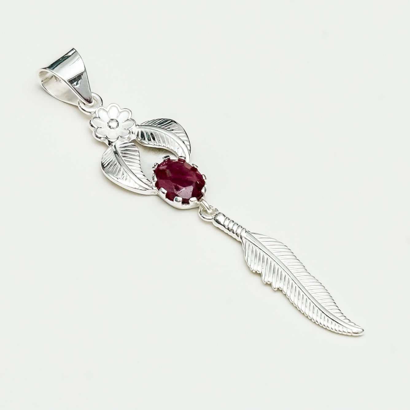 Feather Pendant With Red Gemstone Handmade  In Solid Sterling Silver